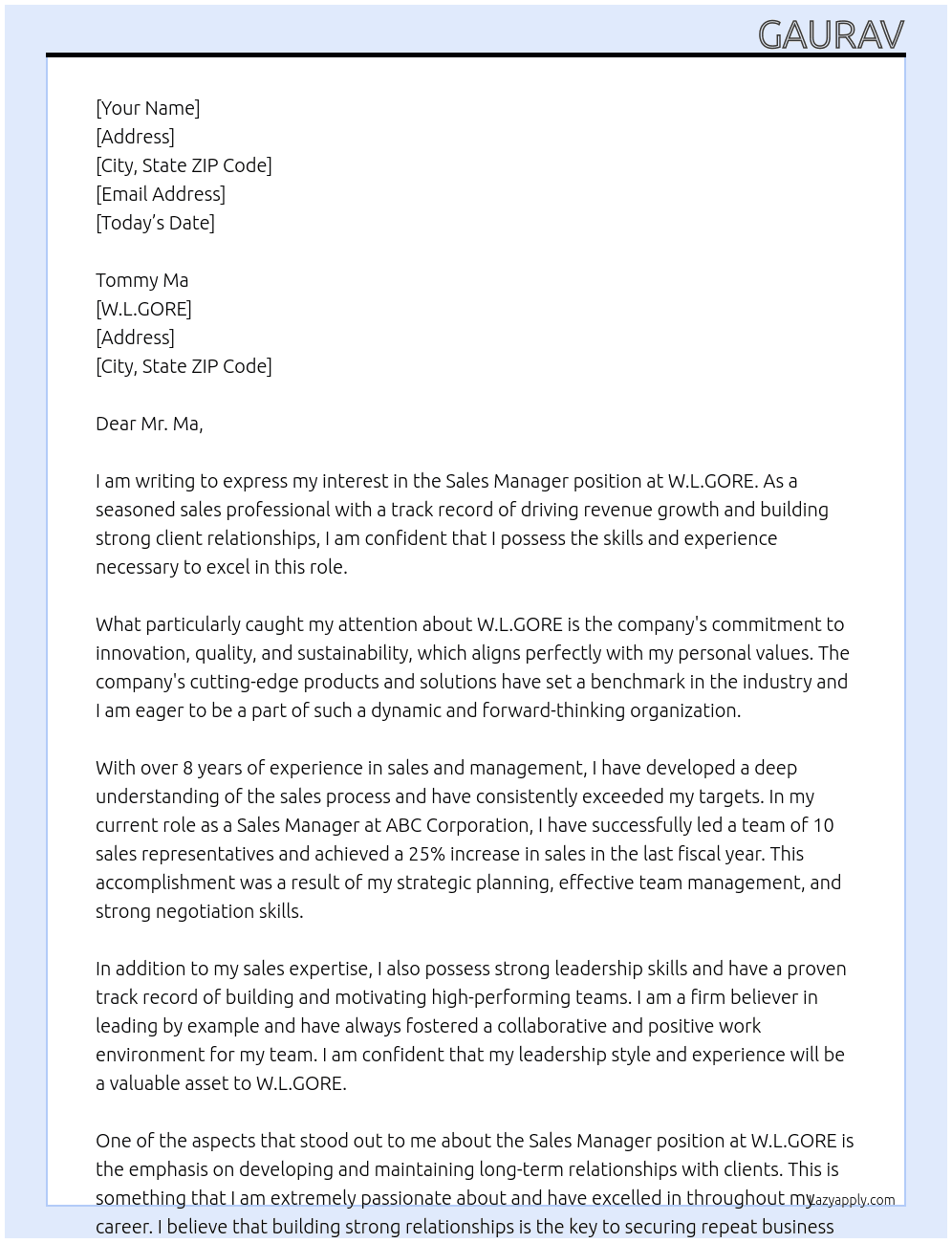 Sales Manager At W.L.GORE Cover Letter