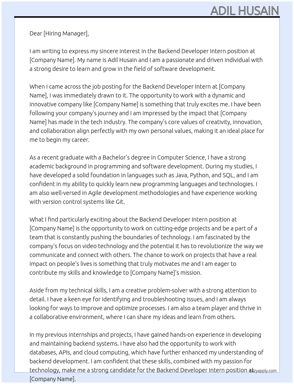 Backend Developer Intern At interactly.video Cover Letter