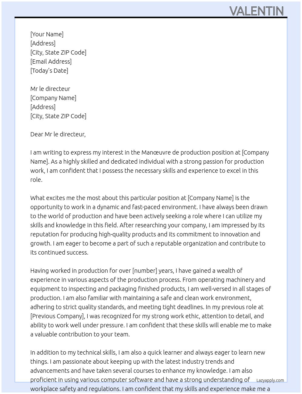 Manœuvre de production  At Mr le directeur  Cover Letter