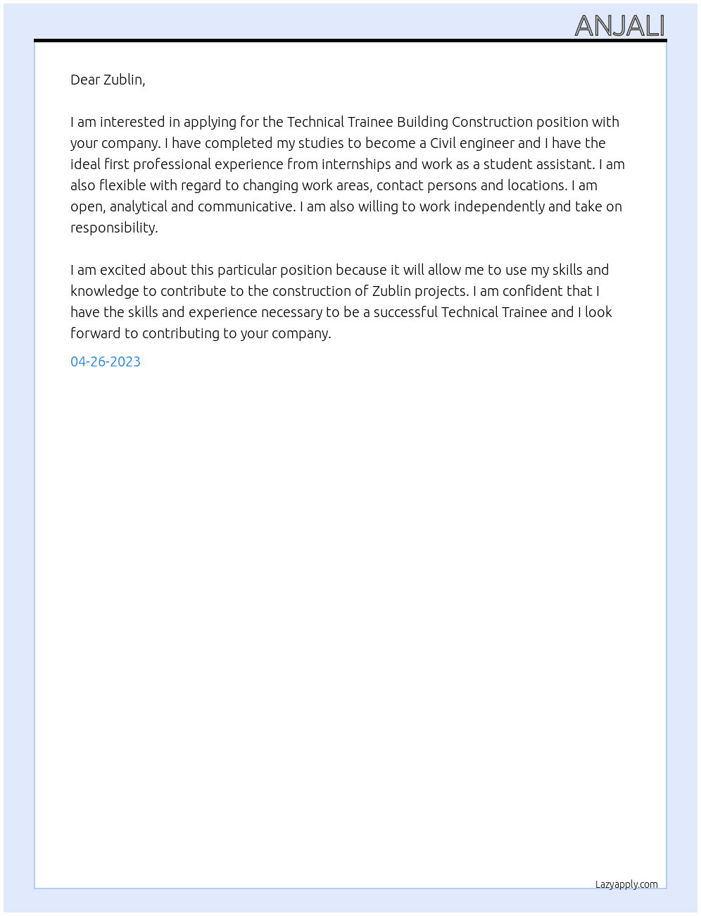 Technical Trainee Building Construction At Zublin Cover Letter
