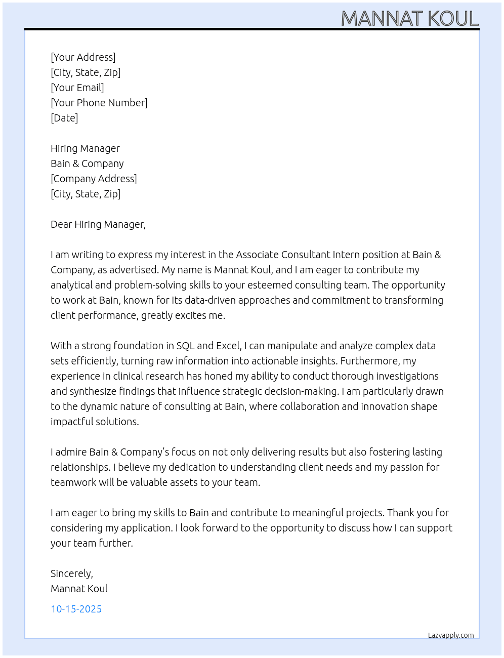 Associate Consultant Intern At Bain & Company Cover Letter