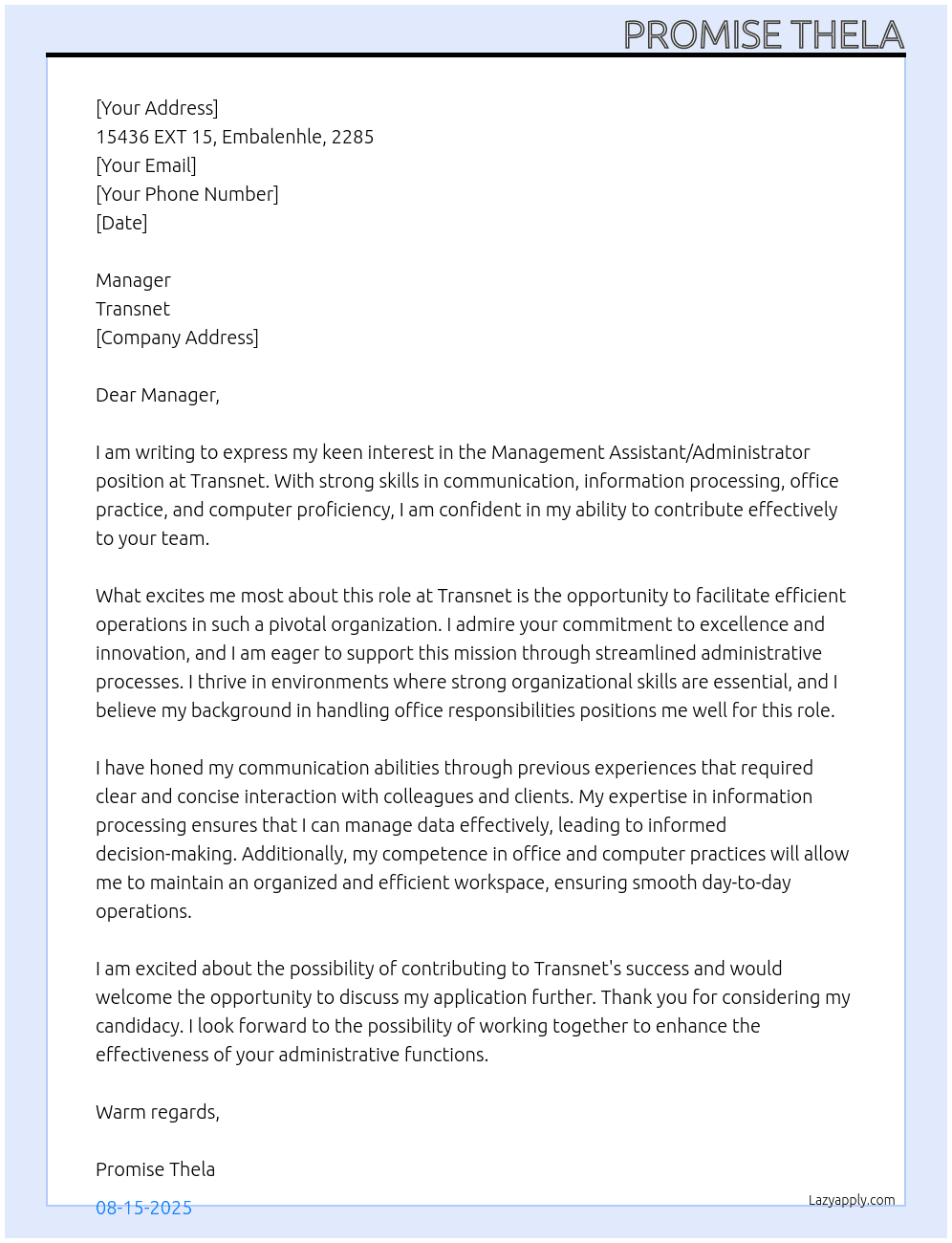 Cover letter for management assistant / administrator - LazyApply