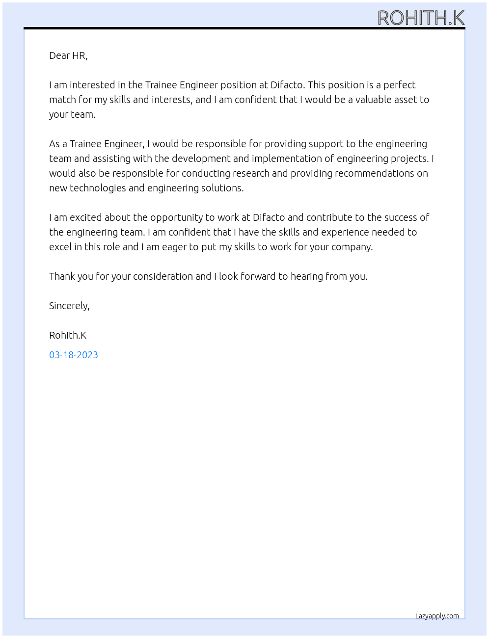 Trainee Engineer At Difacto  Cover Letter