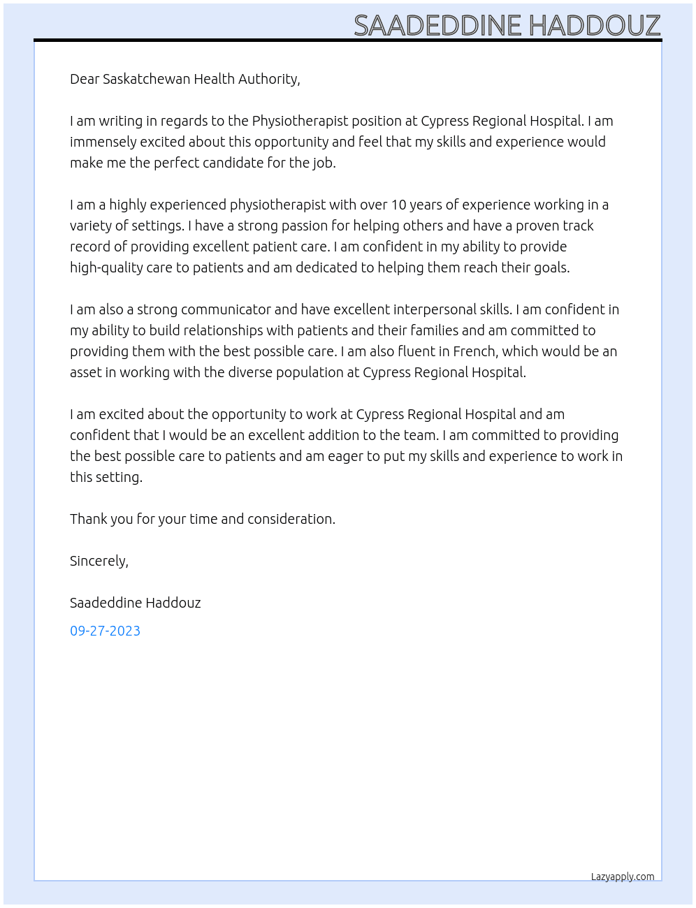 Physiotherapist At Saskatchewan Health Authority Cover Letter
