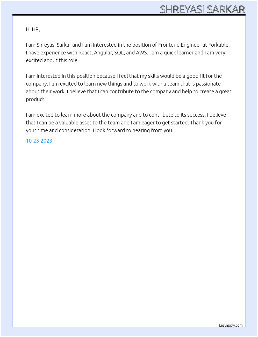 Frontend Engineer At Forkable Cover Letter
