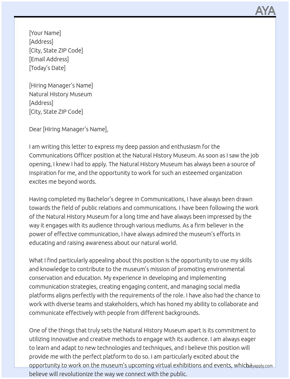 Communications Officer At Natural History Museum Cover Letter