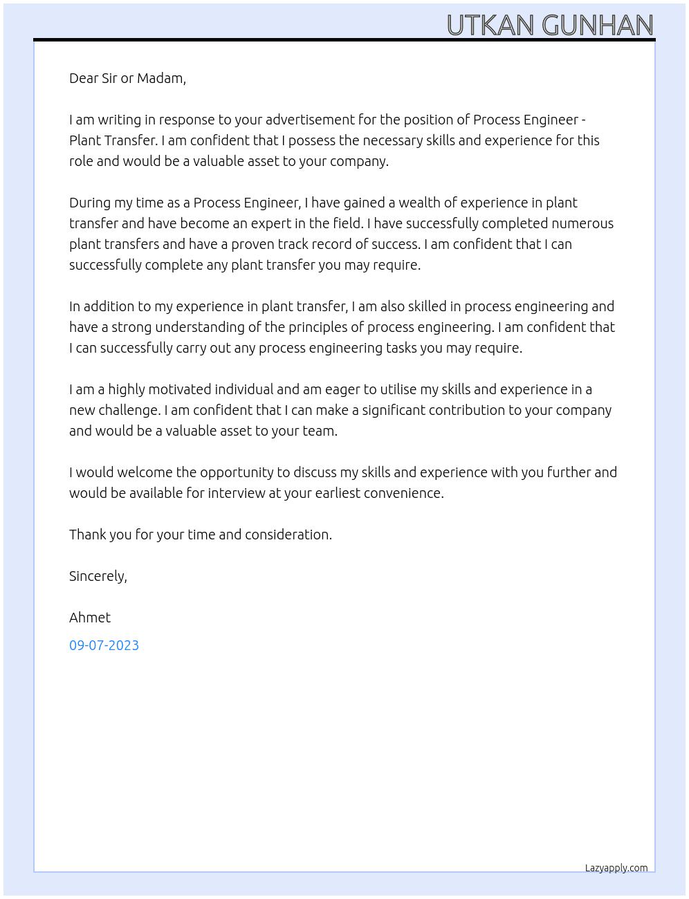 Process Engineer - Plant Transfer At Magna International Cover Letter