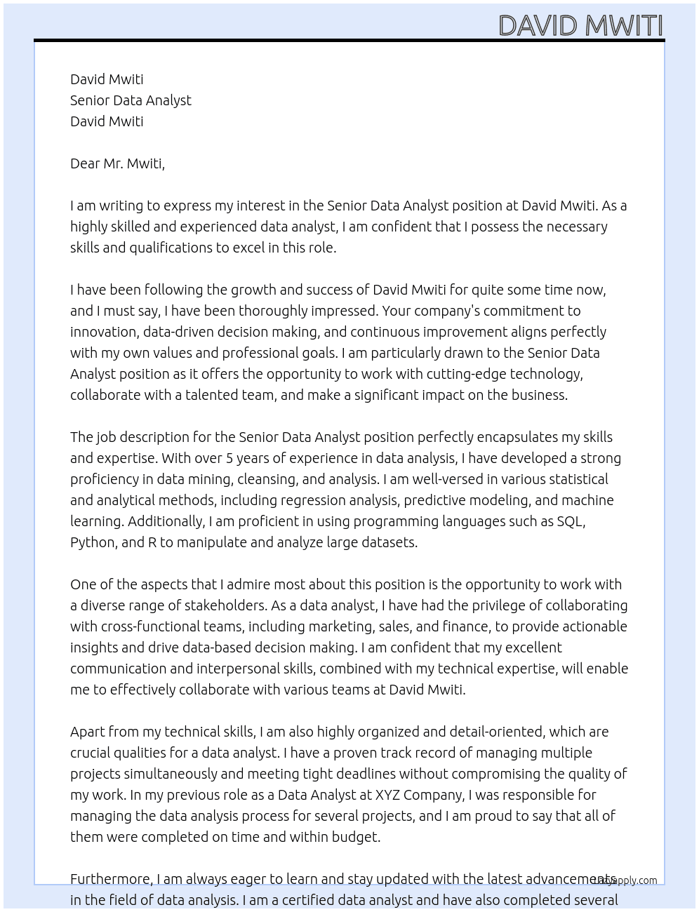 Senior Data Analyst At David Mwiti Cover Letter