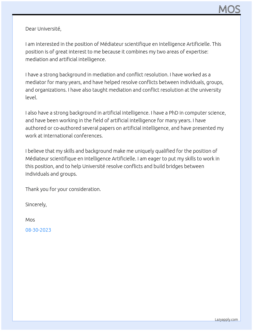 Médiateur scientifique en Intelligence Artificielle At Université Cover Letter