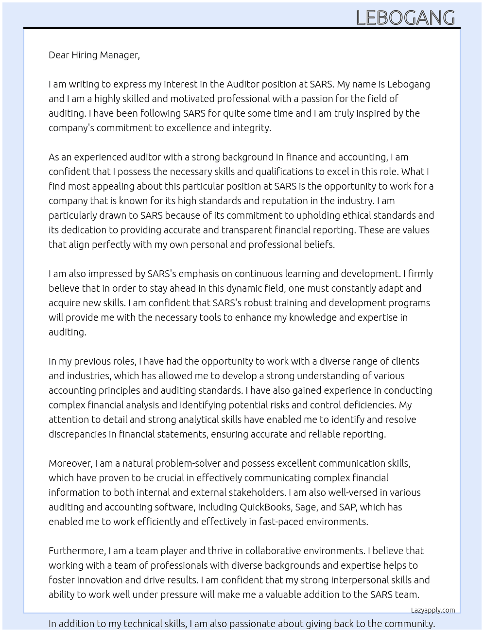 Auditor  At SARS Cover Letter