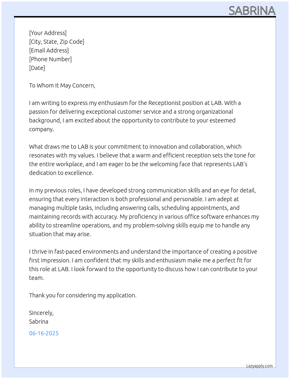 Receptionist At LAB Cover Letter