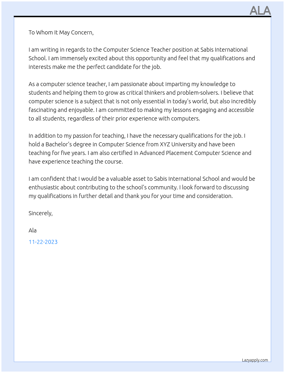 Computer scince teacher  At sabis international school Cover Letter