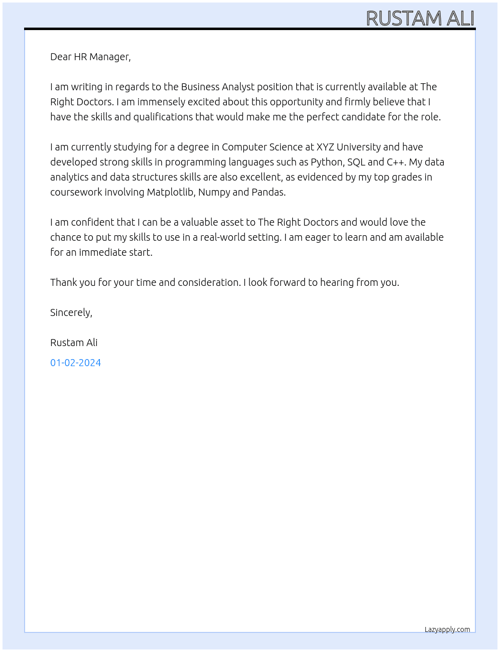 Business Analyst At The Right Doctors Cover Letter