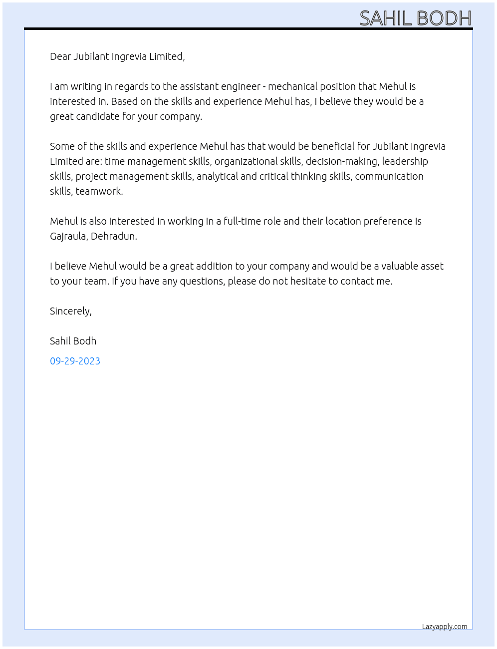 Assistant engineer  - mechanical  At Jubilant ingrevia limited  Cover Letter
