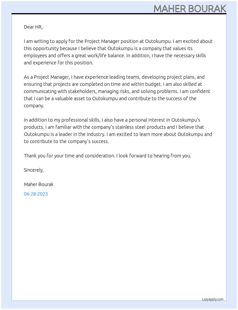 Project Manager At Outokumpu  Cover Letter