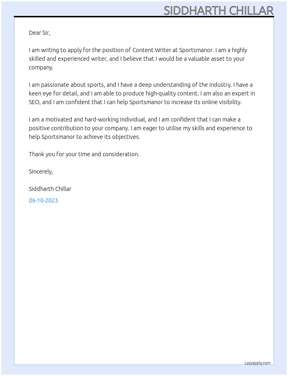 Content writer At Sportsmanor Cover Letter