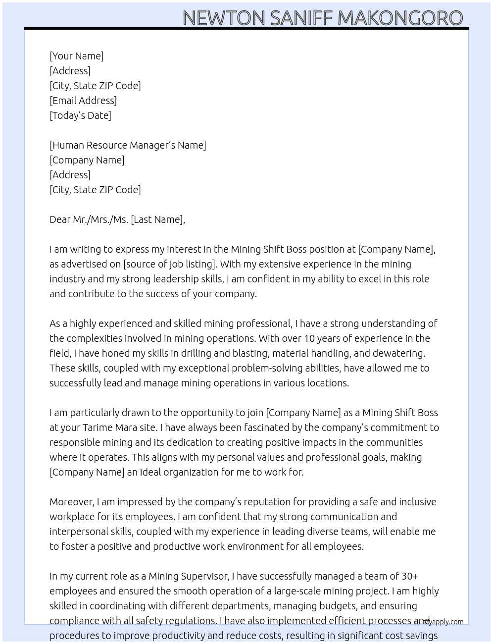 Cover letter for mining shift boss - LazyApply