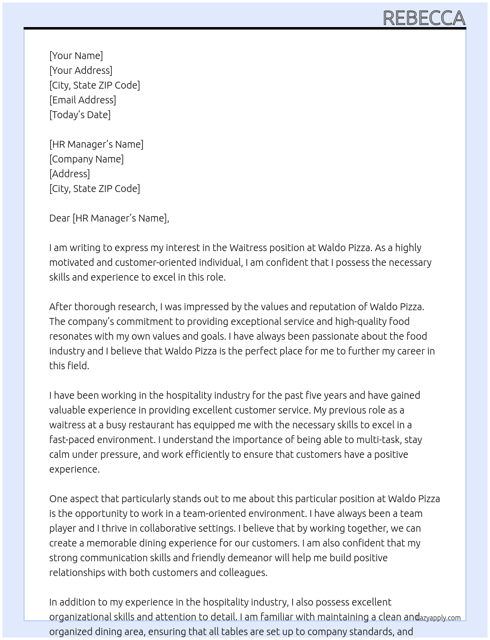Waitress At Waldo Pizza Cover Letter