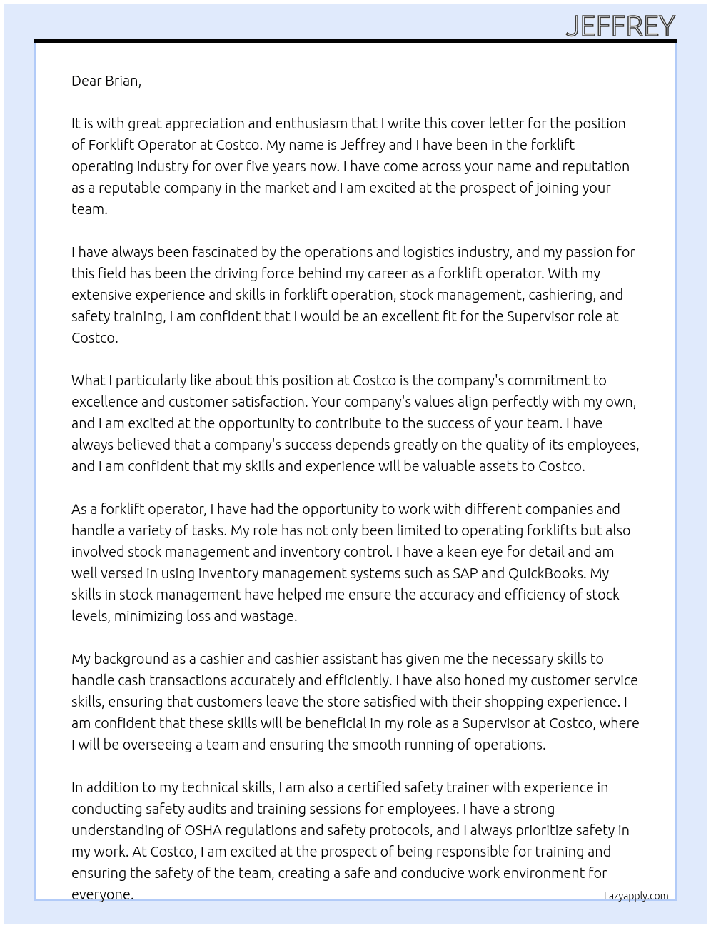 Forklift Operator At Costco Cover Letter