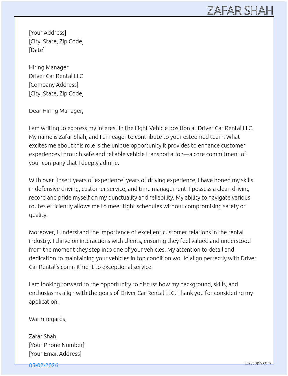 light vehicle At driver car rental LLC Cover Letter