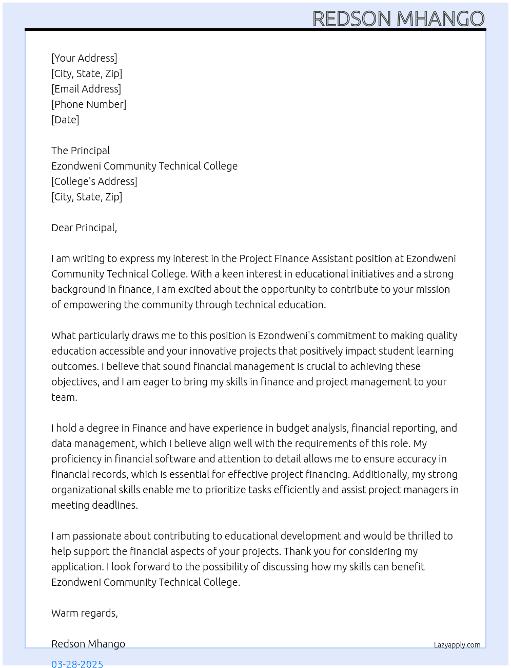 Cover letter for project finance assistant - LazyApply