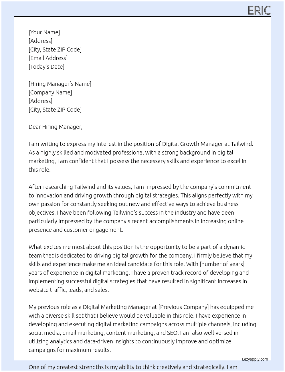 Digital Growth Manager At Tailwind Cover Letter