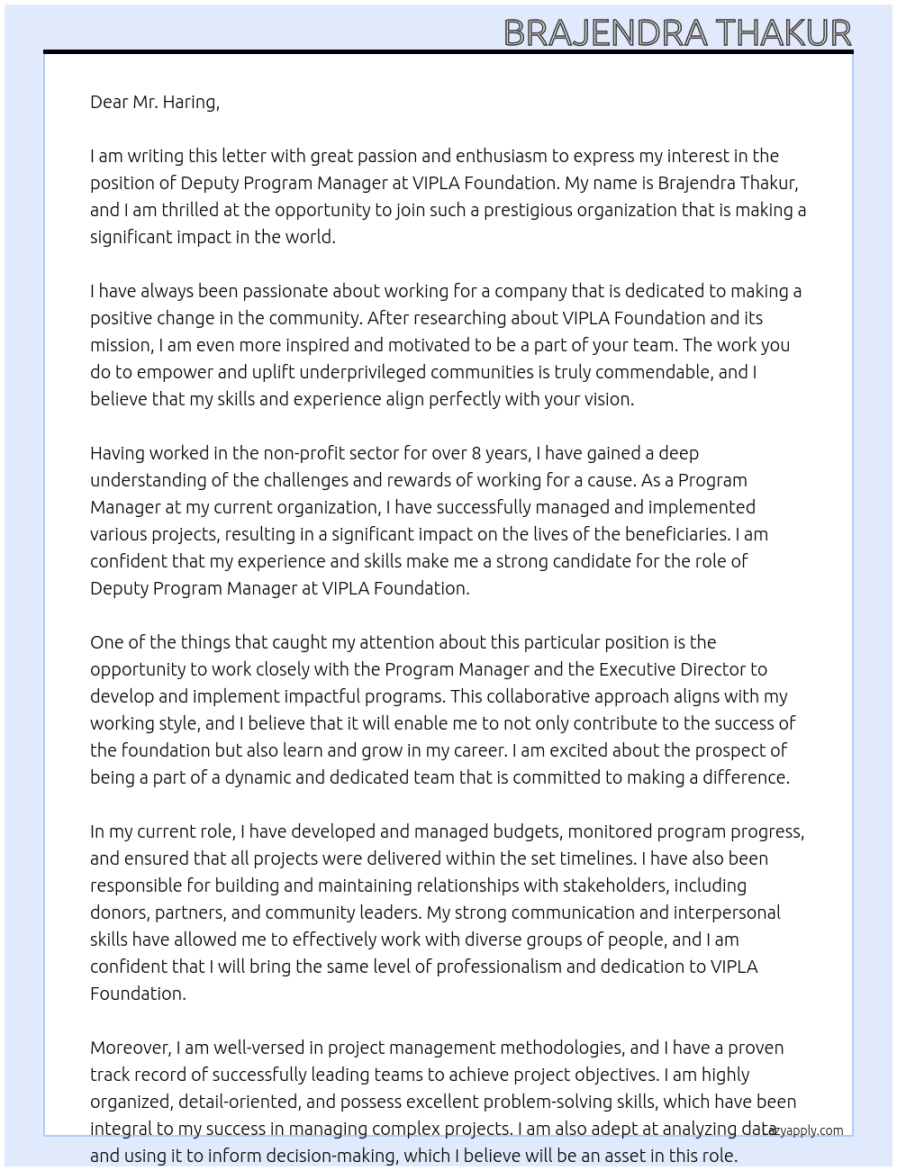 Deputy program manager  At VIPLA FOUNDATION  Cover Letter