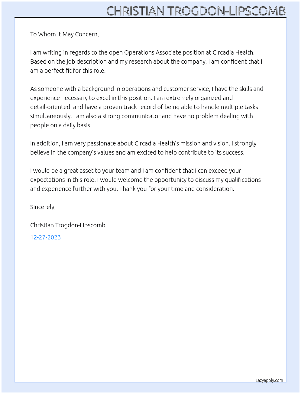 Operations Associate At Circadia Health Cover Letter