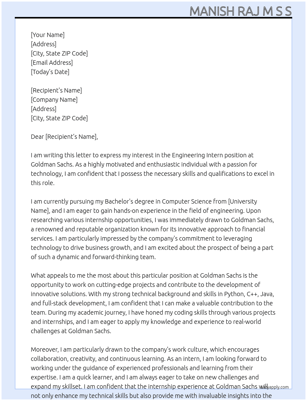 Engineering Intern At Goldman Sachs Cover Letter