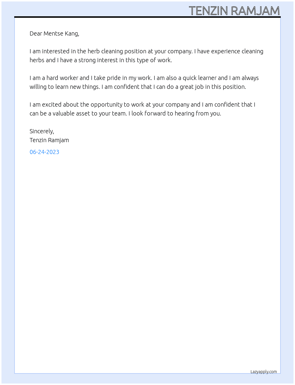 Herb cleaning  At Mentse Kang Cover Letter