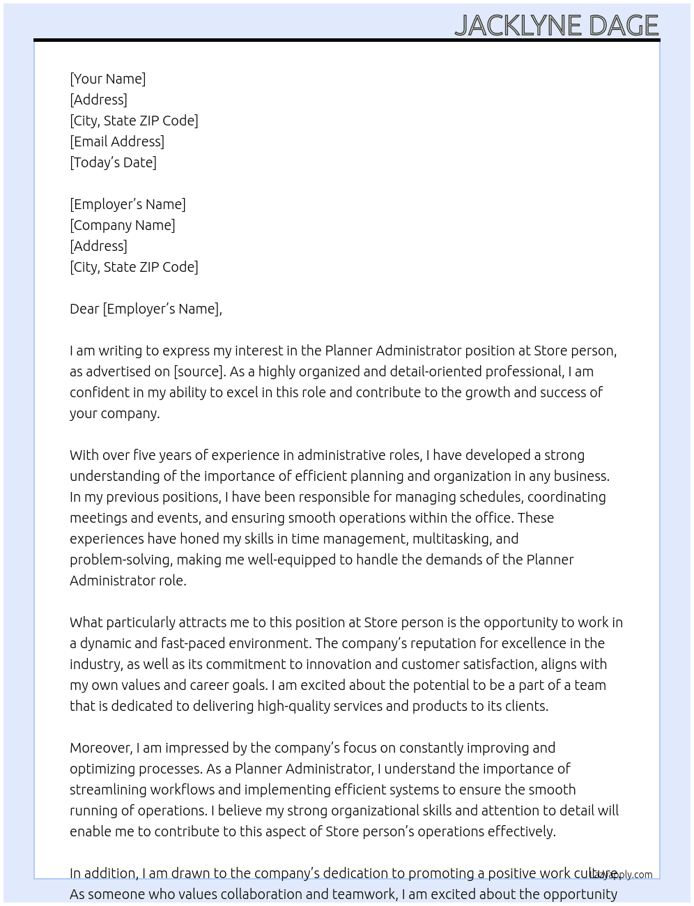 Planner Administrator At Store person Cover Letter