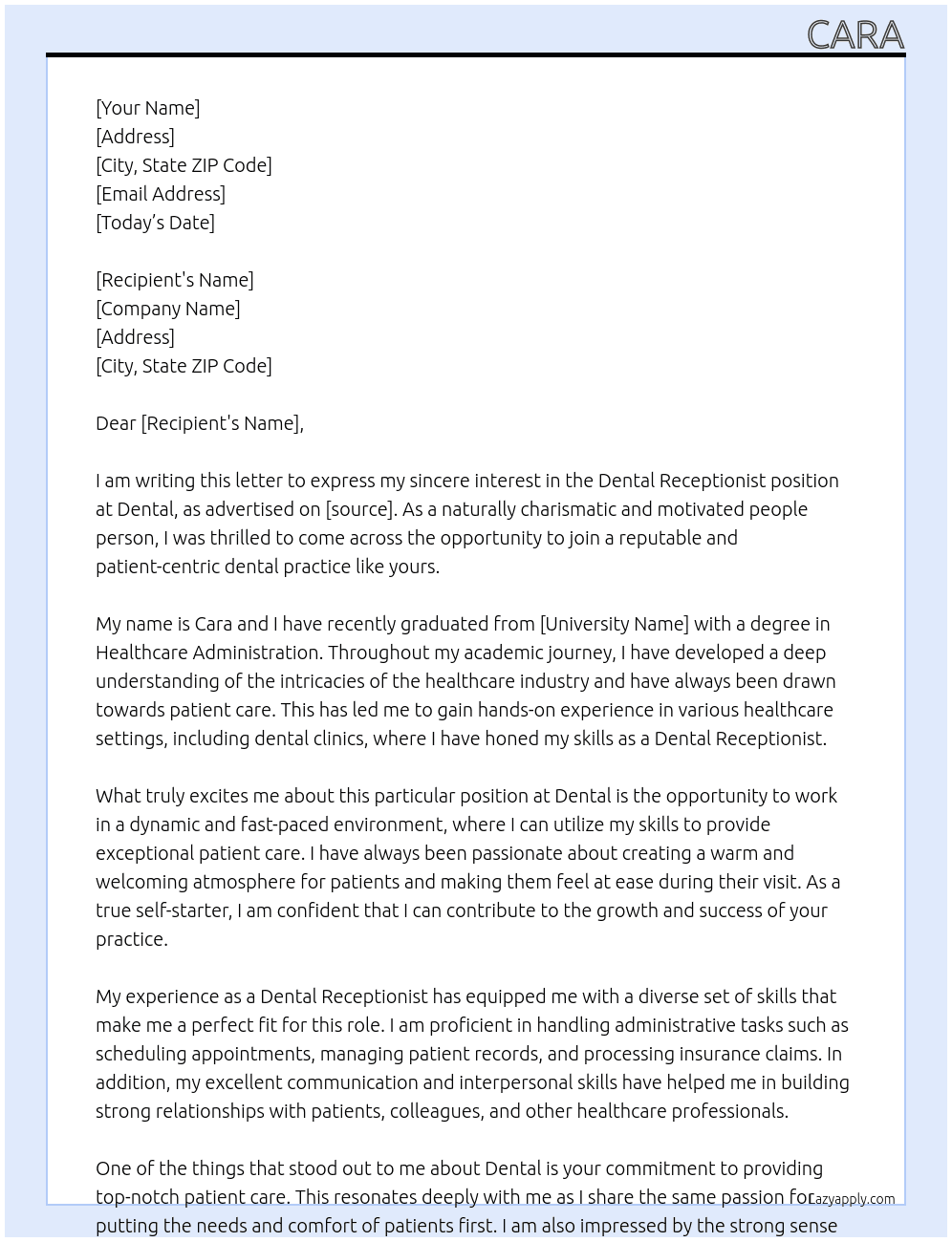 Dental receptionist  At Dental Cover Letter
