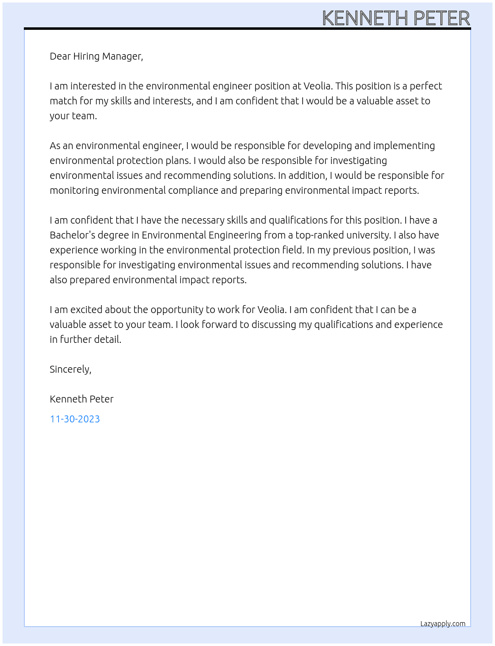 Environmental engineer At Veolia Cover Letter