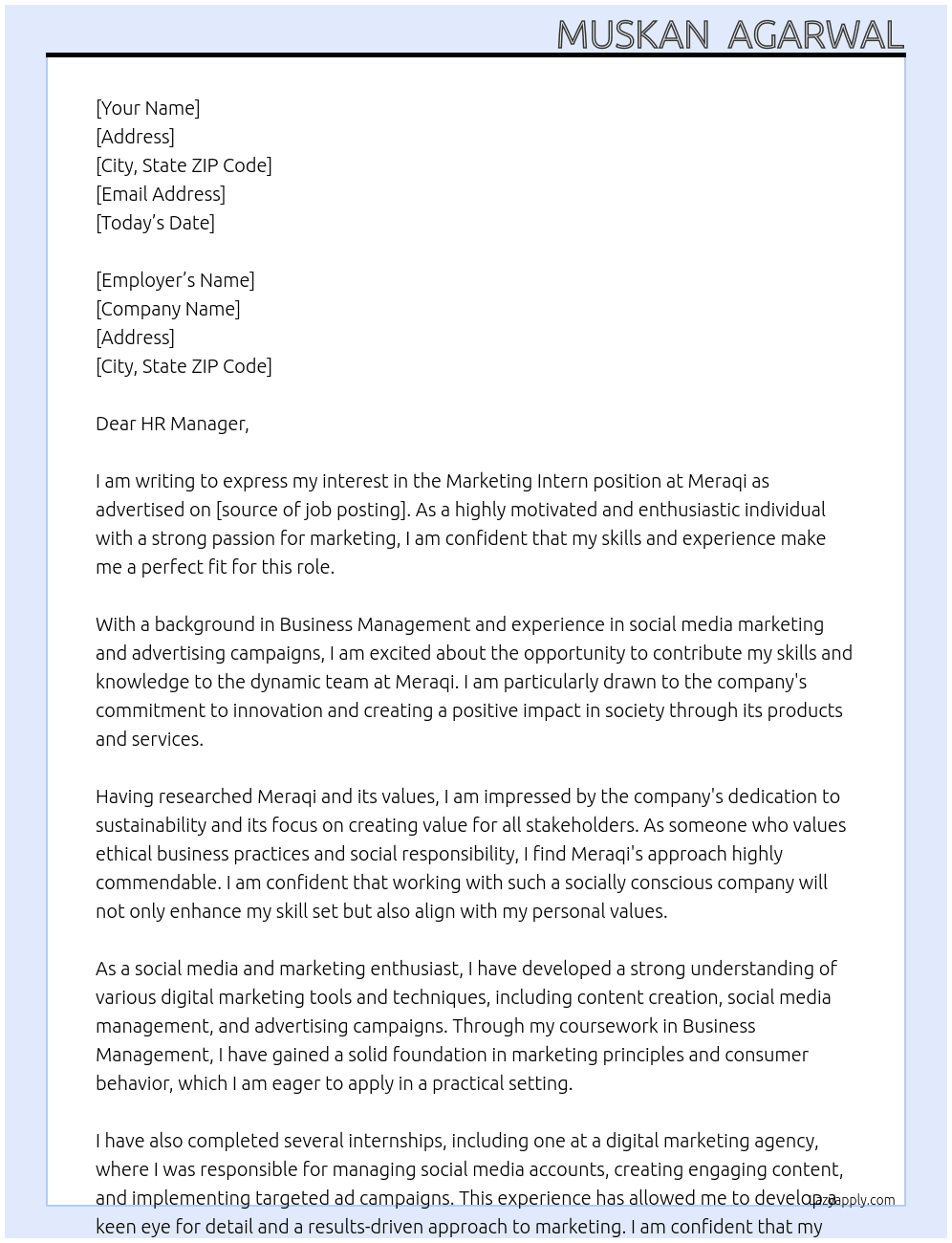 Marketing intern  At Meraqi  Cover Letter