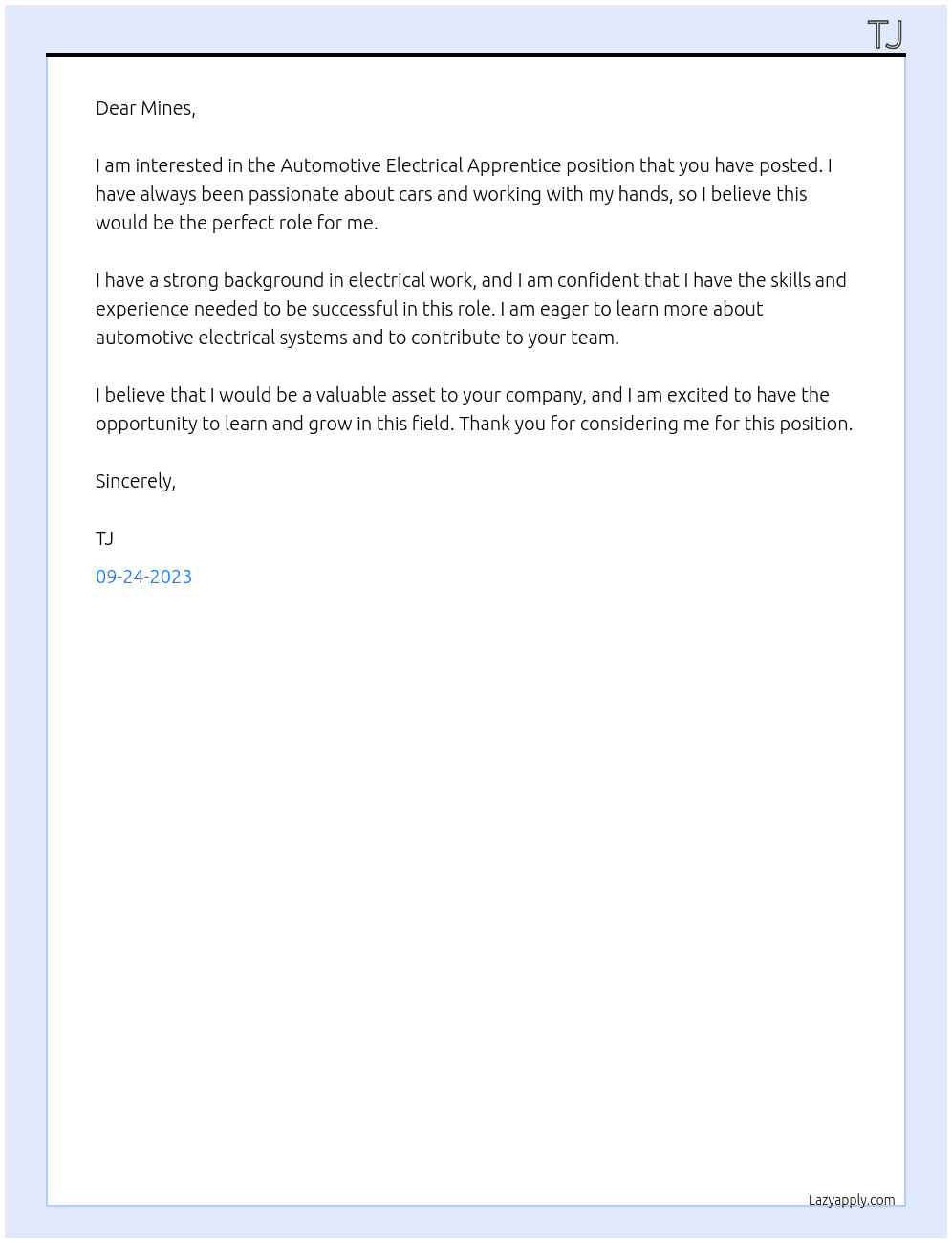 Automotive Electrical Apprentice At Mines Cover Letter