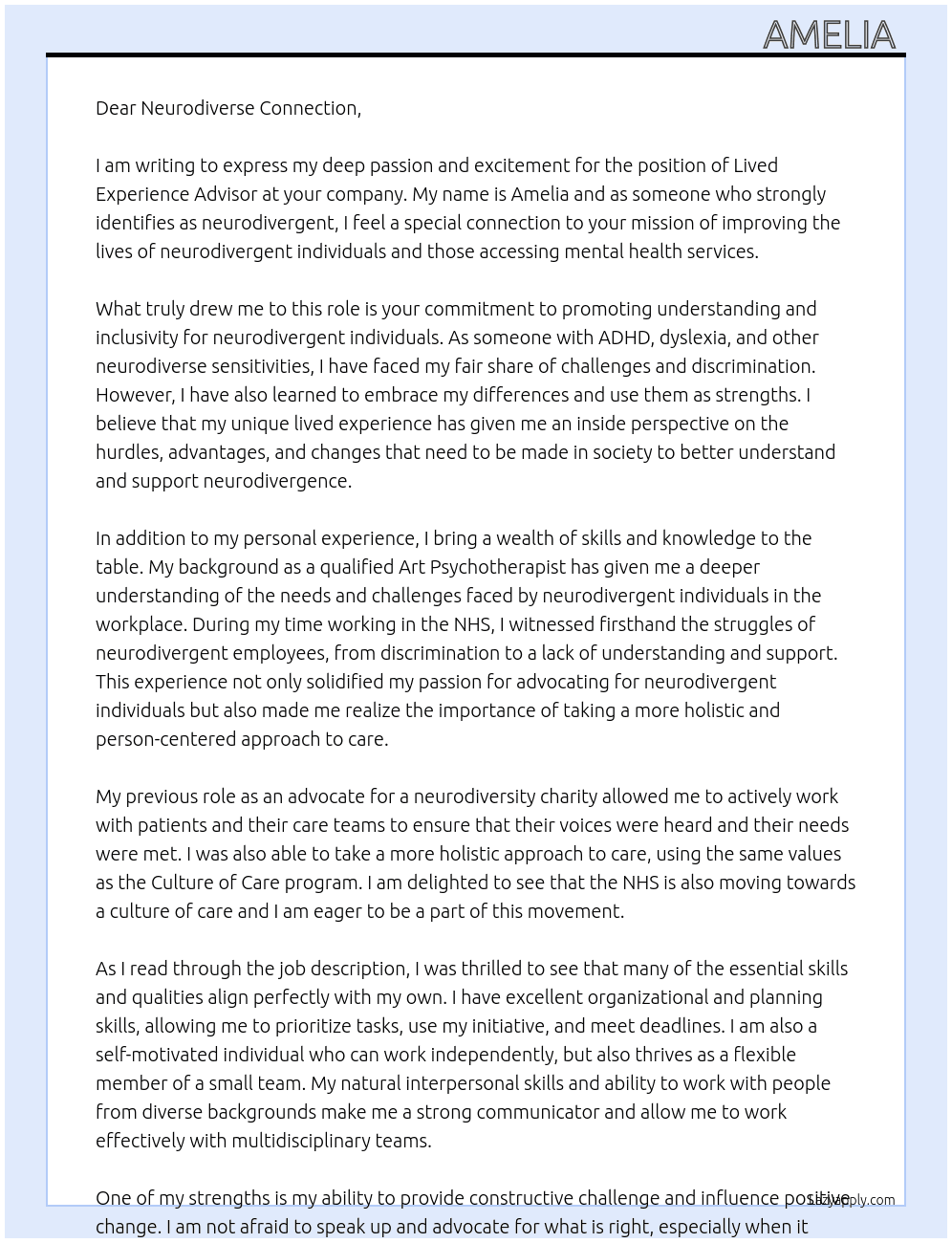 Lived experiance advisor  At Neurodiverse connection  Cover Letter