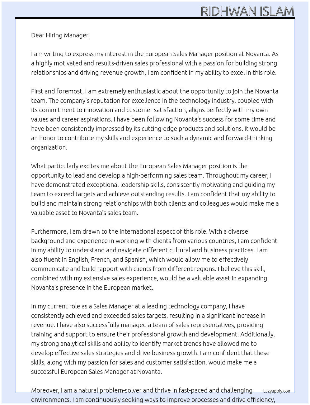 European Sales Manager At Novanta Cover Letter