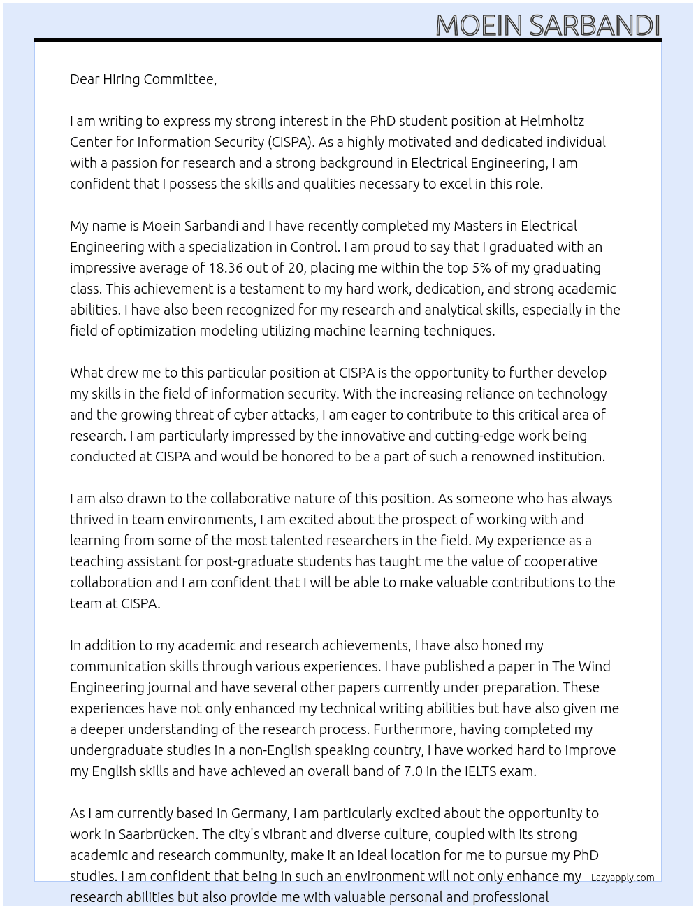  PhD student At Helmholtz Center for Information Security (CISPA) Cover Letter