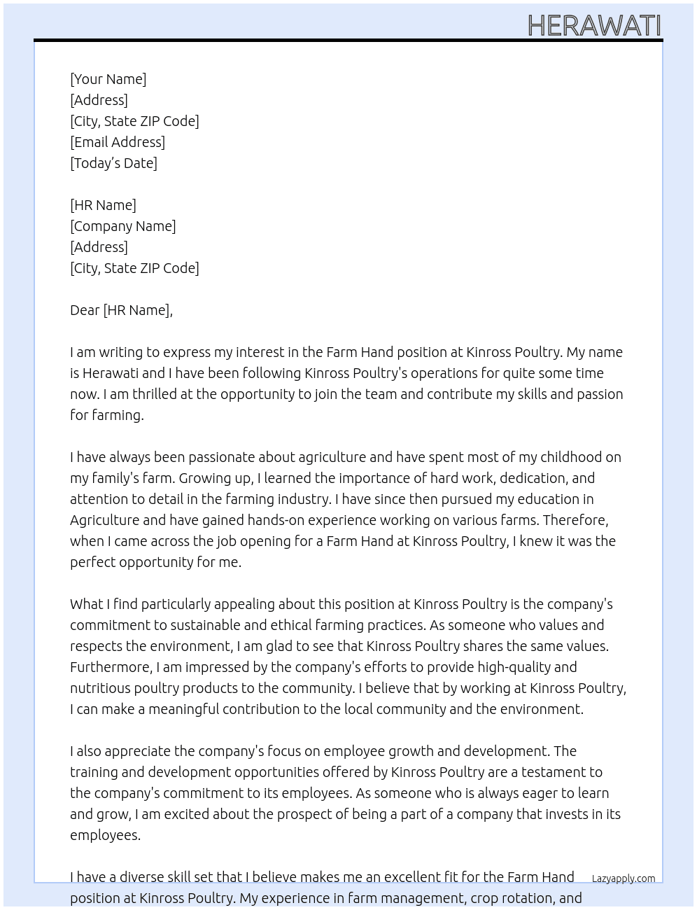 farm hand At Kinross Poultry Cover Letter