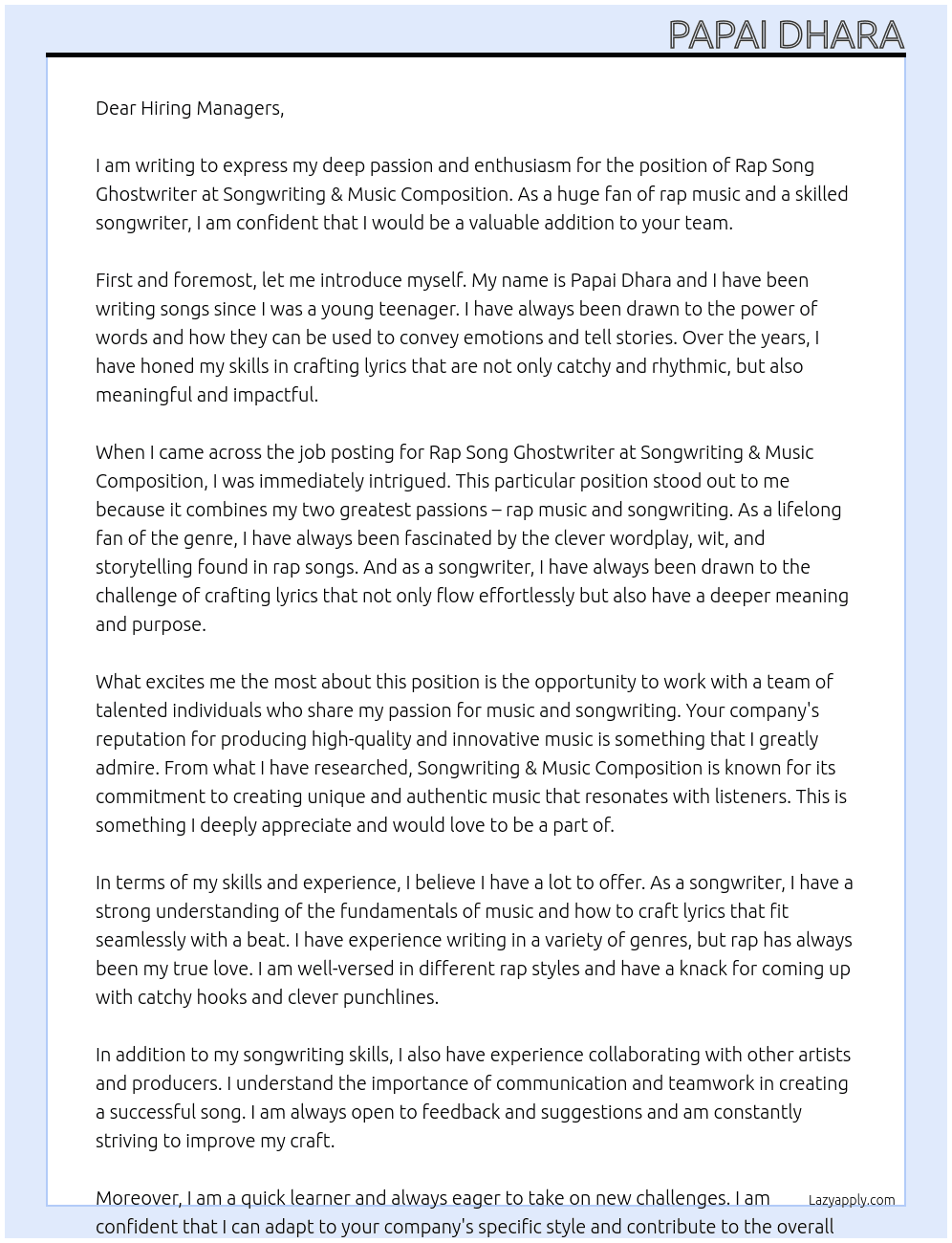 Rap Song Ghostwriter Rap Song Ghostwriter At Songwriting & Music Composition Cover Letter