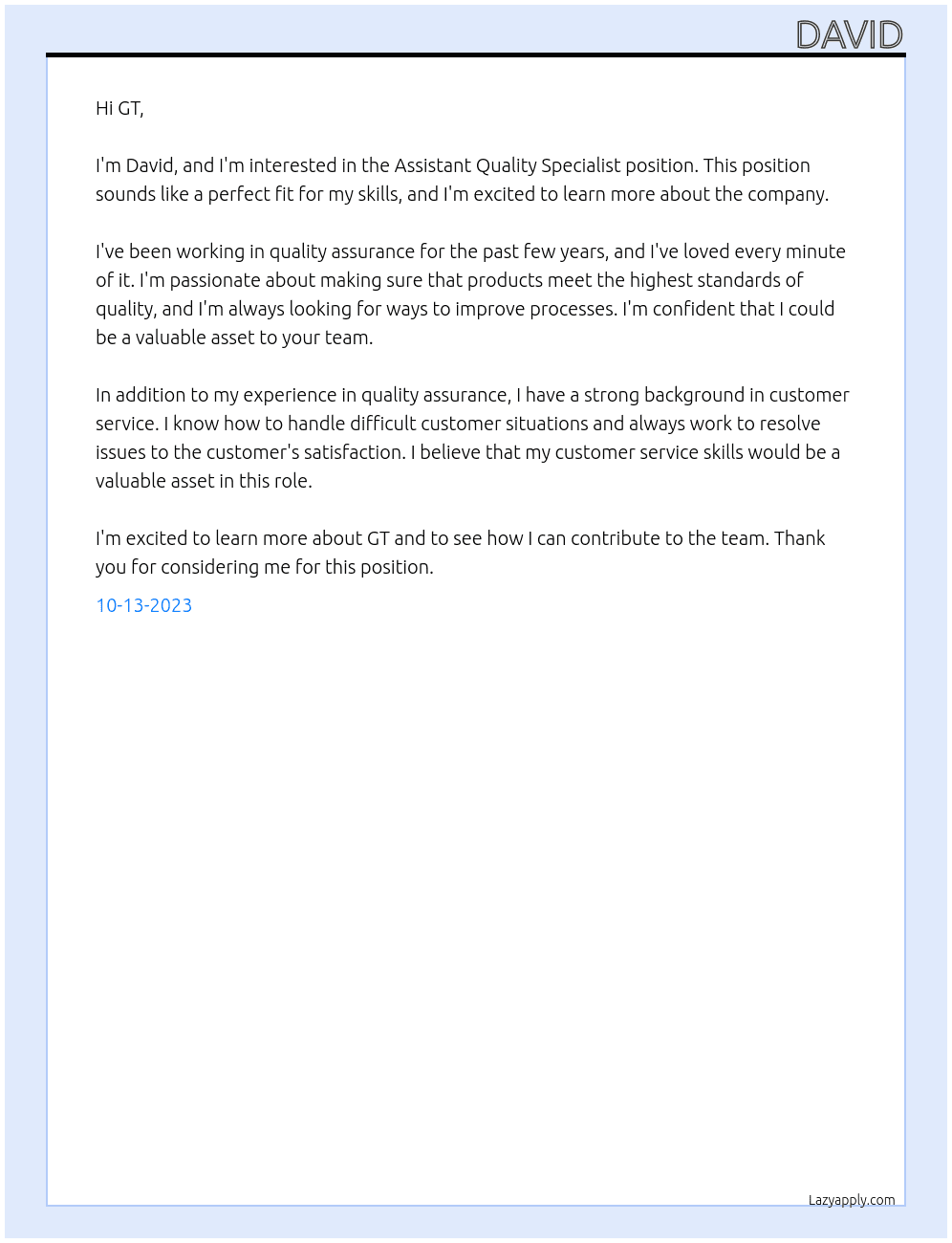Assistant Quality Specialist At GT Cover Letter