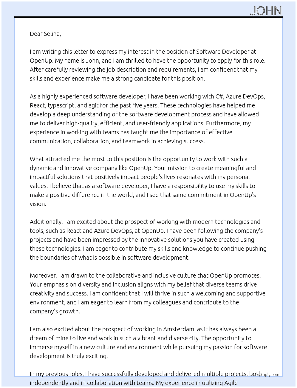 Software developer At OpenUp Cover Letter