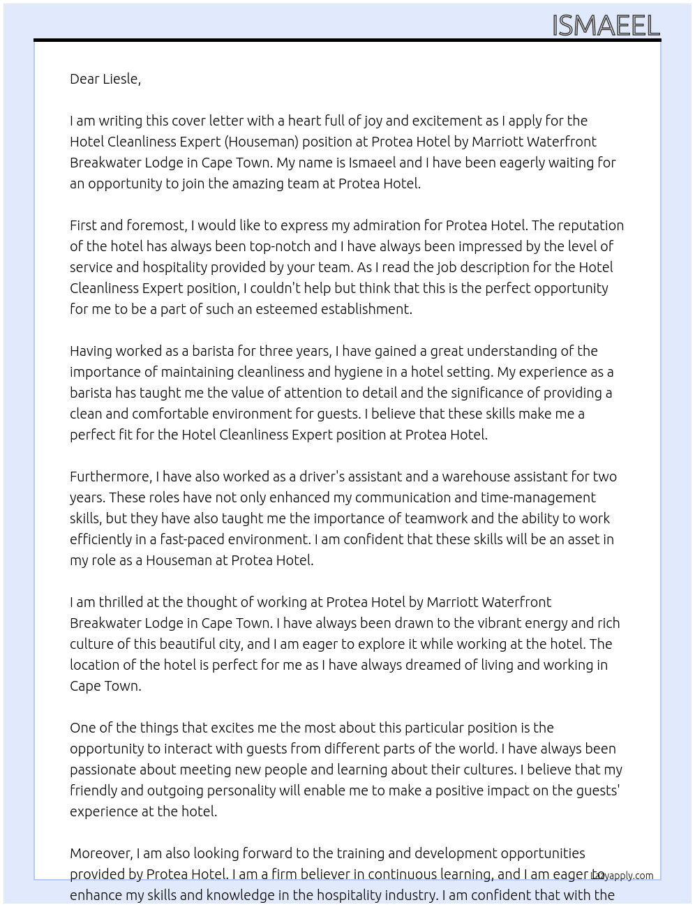Hotel Cleanliness Expert (Houseman) - Protea Hotel by Marriott Waterfront Breakwater Lodge Cape Town At  Protea Hotel  Cover Letter