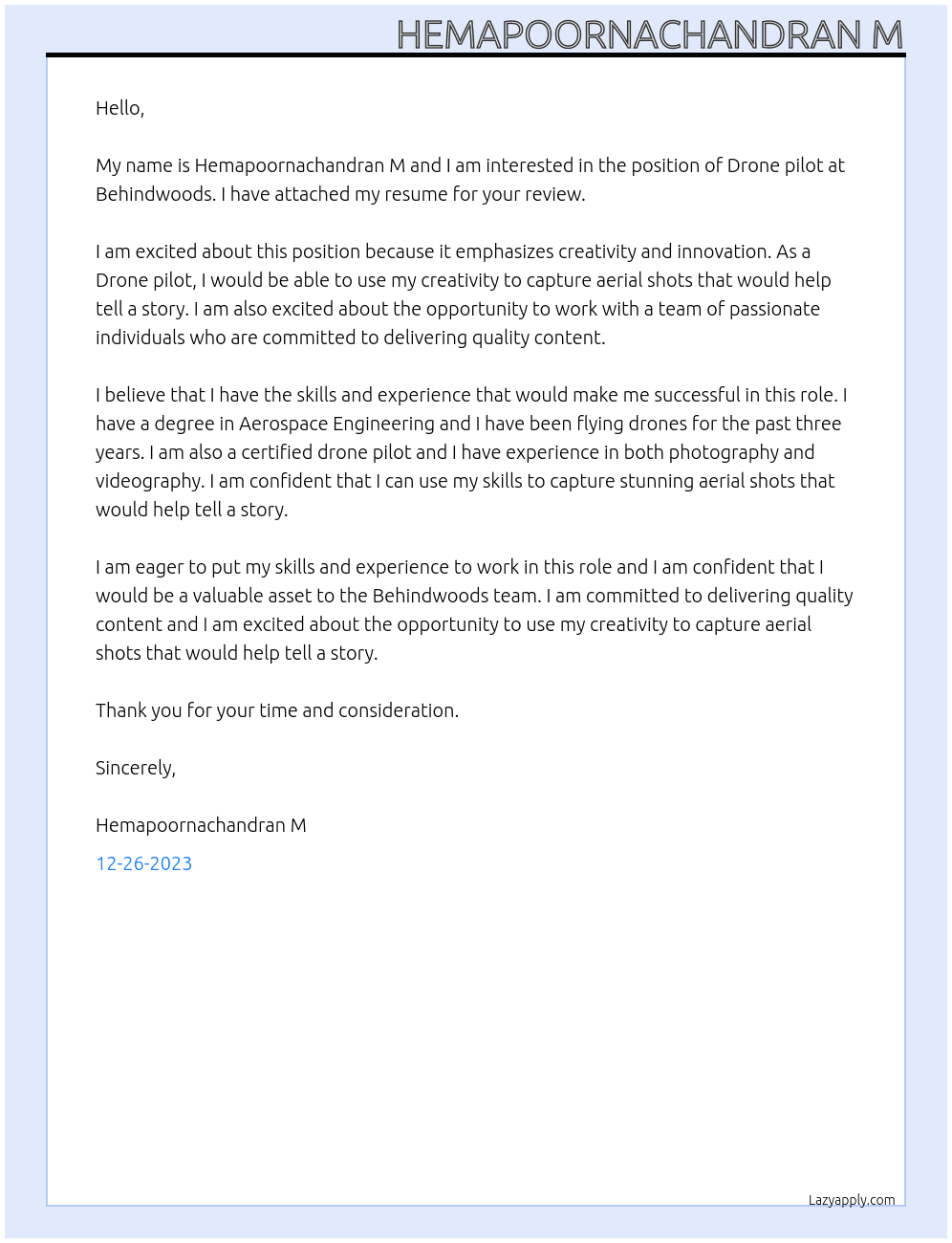 Drone pilot At Behindwoods Cover Letter