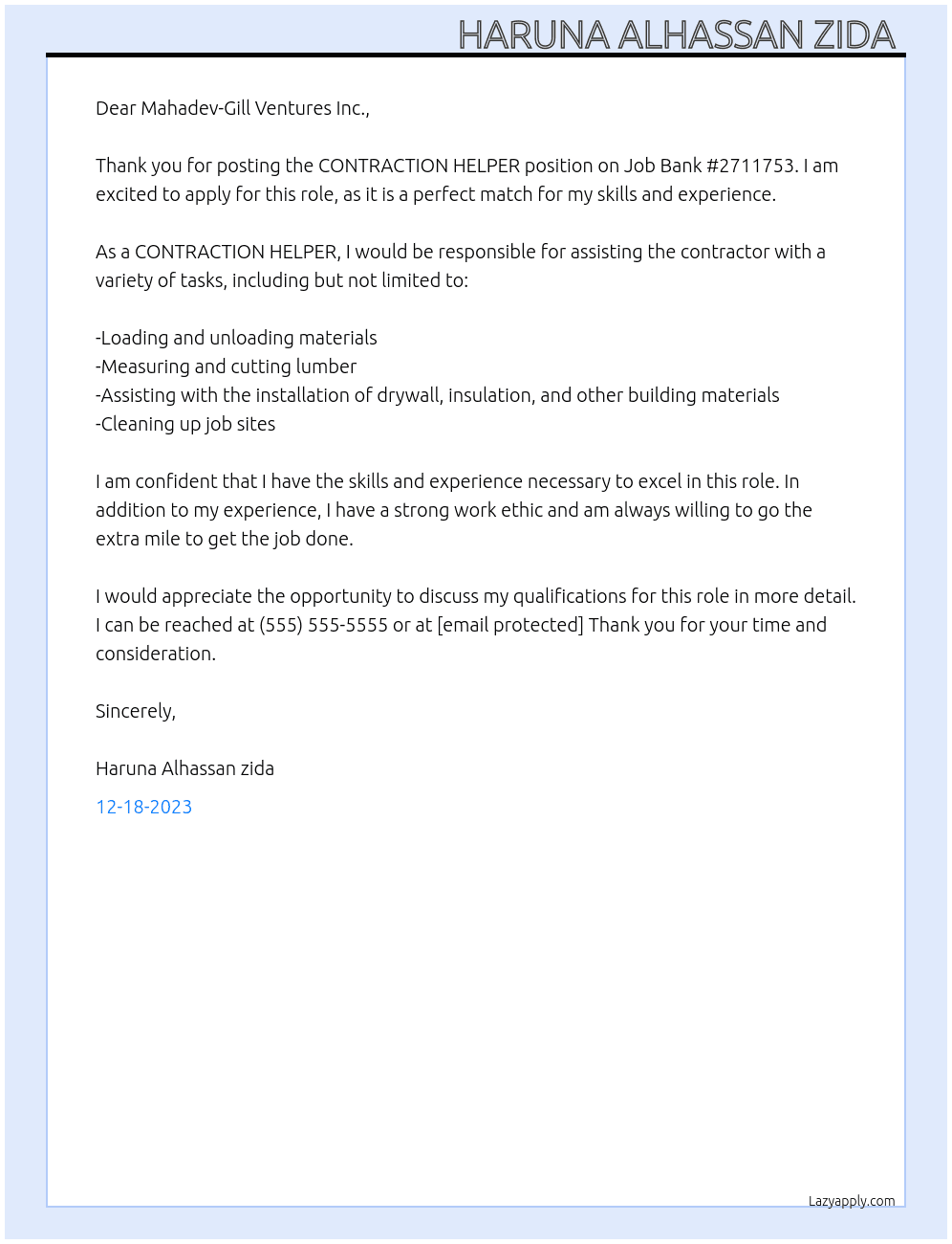 Contraction helper  At Job Bank #2711753 Cover Letter