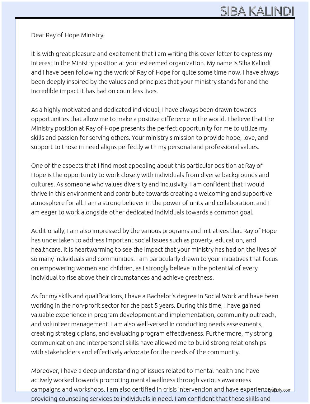Ministry At Ray of Hope Cover Letter