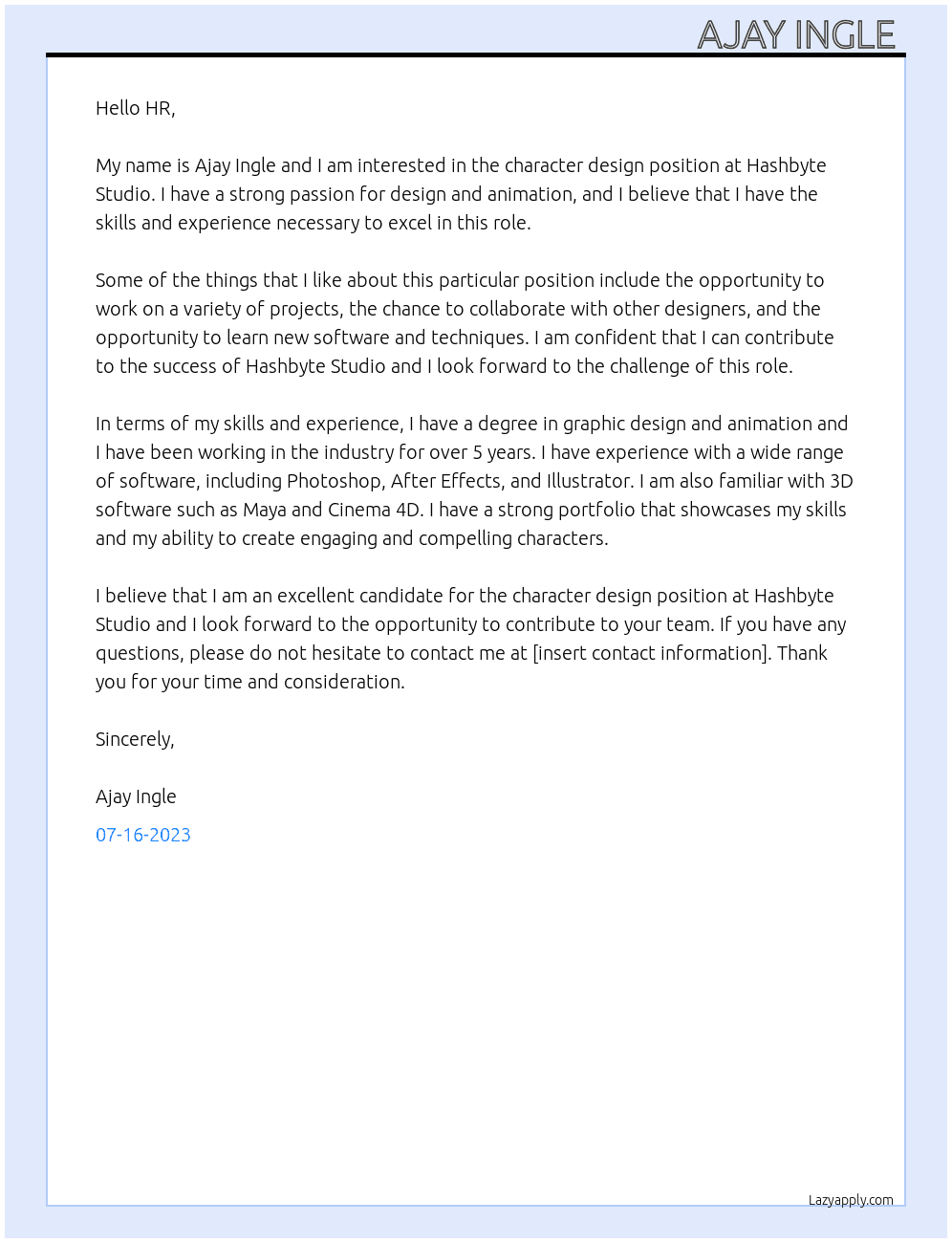 Character design  At Hashbyte studio Cover Letter