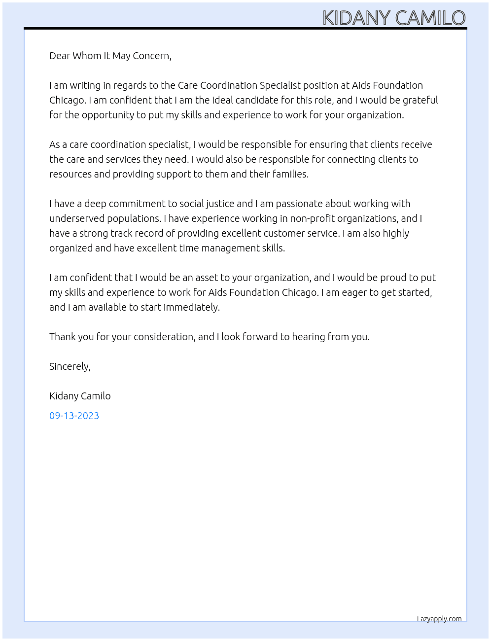 Care Coordination Specialist At Aids Foundation Chicago Cover Letter