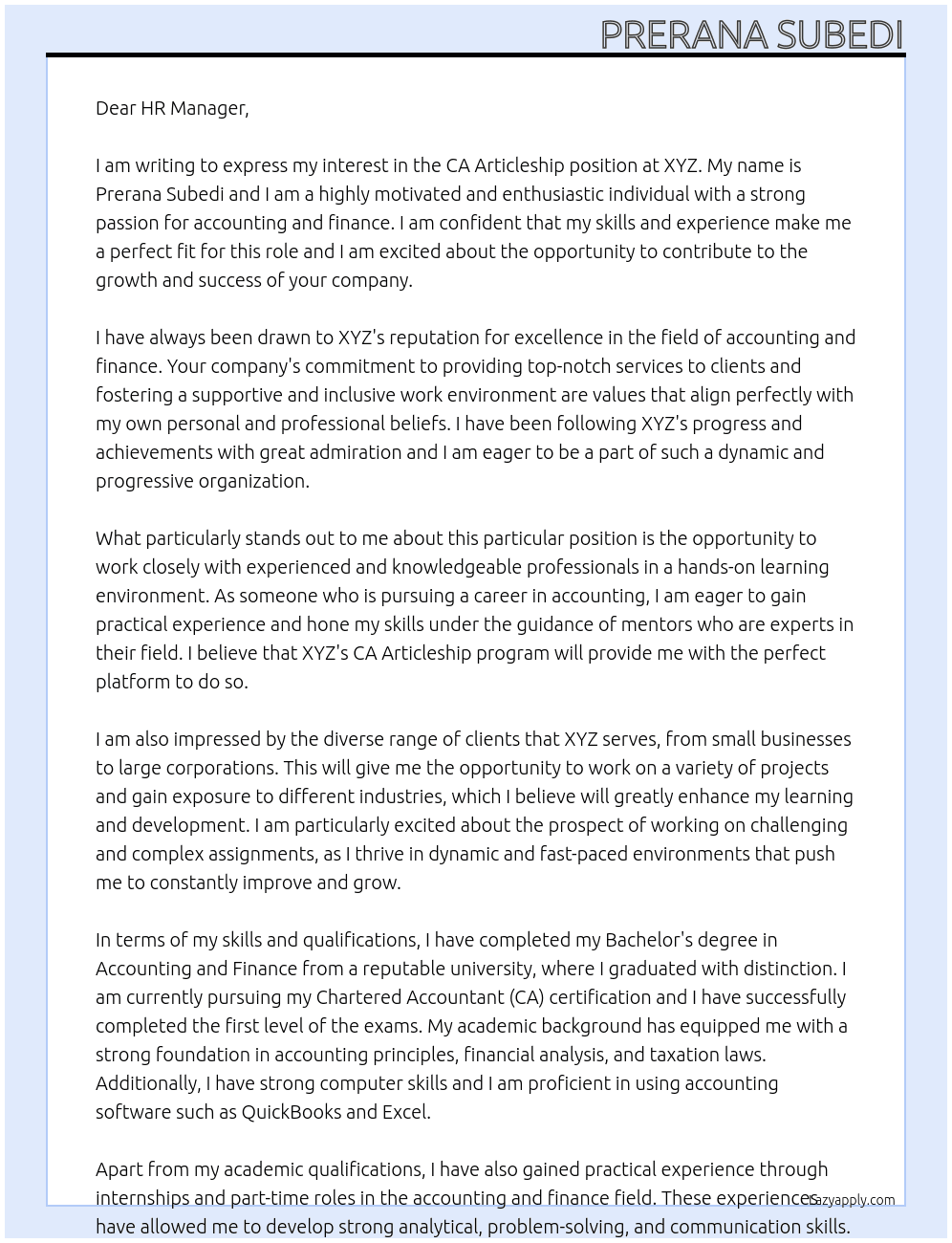 CA Articleship At XYZ Cover Letter