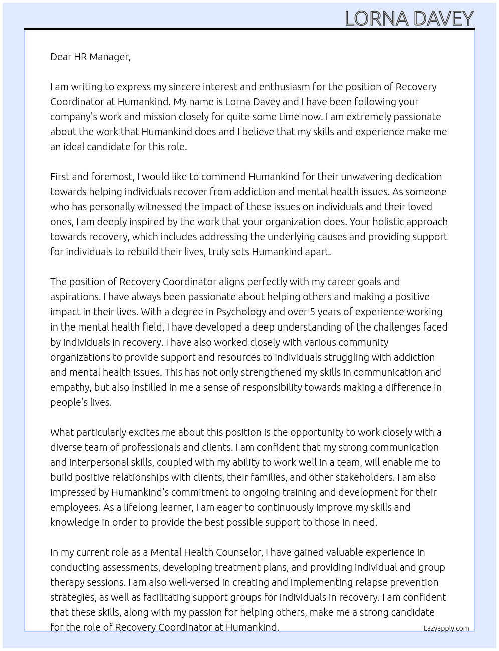 Recovery Coordinator At Humankind Cover Letter